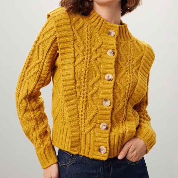 Central Park West Mustard Cable Knit Cardigan - Picture 1 of 11